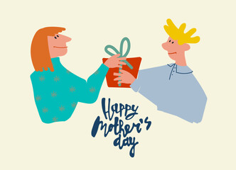 Happy Mothers Day greeting card design. Young man with a gift and hand-lettered greeting phrase. Isolated on dark background