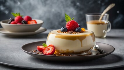 Smooth caramel custard dessert on a gray plate accompanied by fresh berries and coffee - obrazy, fototapety, plakaty