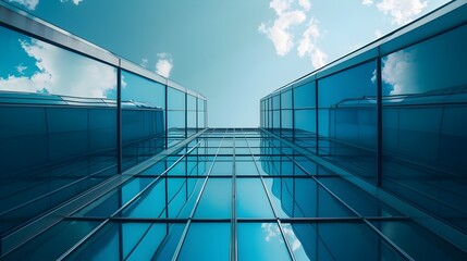 Obraz premium Striking low-angle view of sleek modern office building with glass facade,vast sky,and minimalist architectural details