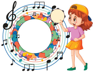 Cartoon girl with tambourine surrounded by musical notes.