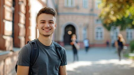 Smiling young male university student standing on campus looking at the camera
