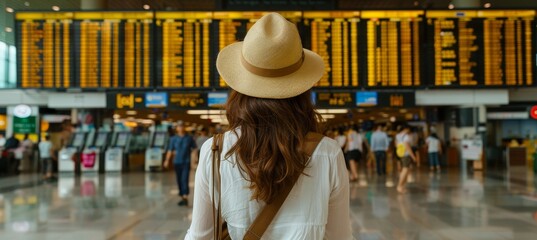 Female traveler searching for departure details at airport flight information board