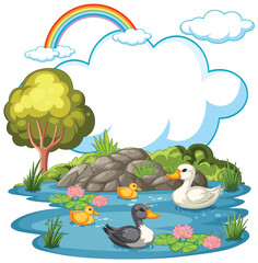 Colorful ducks swimming in a scenic pond