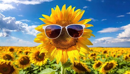 Cool Sunflower Wearing Sunglasses in a Field of Yellow Sunflowers with Blue Sky and Clouds