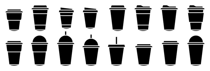 Fototapeta premium Coffee cup icons vector set in line and flat style. Disposable coffee cup. Coffee paper cup, plastic container for hot and cold drink, juice, tea, cocoa and other. Vector illustration