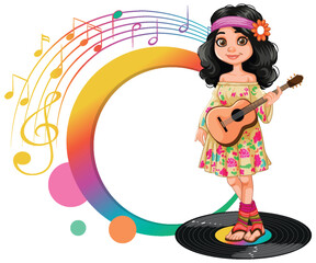 Young girl playing guitar with vibrant musical notes.