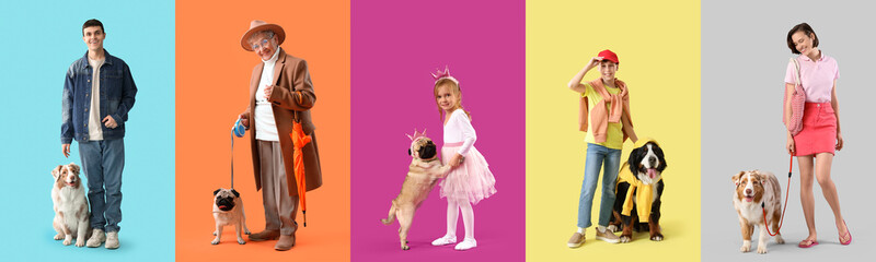 Set of owners with their cute dogs on color background