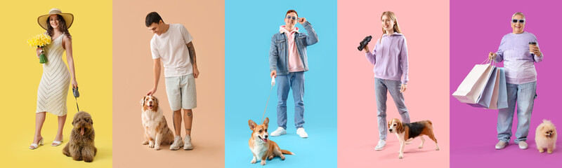 Group of owners with their cute dogs on color background