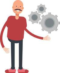 Bald Man Character Holding Gears
