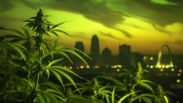 Pushing through marijuana plants towards the St. Louis Missouri skyline during twilight. Background for Missouri based cannabis products company logo.