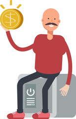 Bald Man Character Sitting on Safe and Holding Dollar Coin
