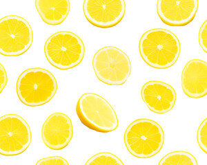 Fototapeta premium Slices of lemon in different shapes scattered over a transparent background, creating a fresh citrus pattern. Generative AI