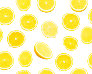 Slices of lemon in different shapes scattered over a transparent background, creating a fresh citrus pattern. Generative AI