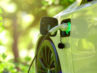 Electric car on charging station, white automobile, hand holding cable power supply pump, green light indicator, eco-friendly technology, sustainable life concept, reduce pollution