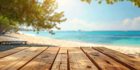 empty Wooden table top with blurred beach background for product display, summer vacation concept. 