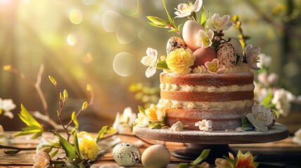 Easter cake and bright eggs on a festive Easter table Generative AI,