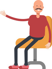 Bald Man Character Sitting on Office Chair
