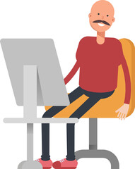 Bald Man Character Working on Desktop
