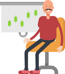 Bald Man Character Presenting Candlestick Chart
