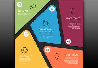 Multipurpose infographic template with five color content space areas icons and numbers on dark background