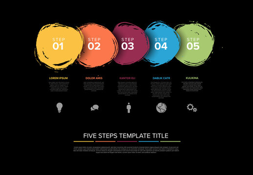 Dark infographic template with five big brush circle items elements steps spots