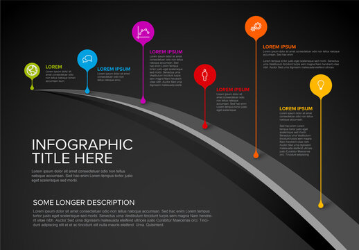Droplet pointers on the bridge path with icons and description - multipurpose dark timeline infographic template