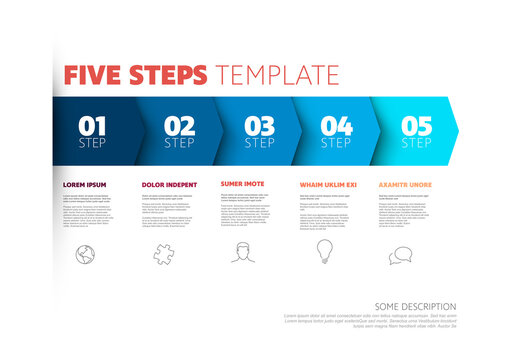 Five blue progress block steps template with descriptions and icons on white background