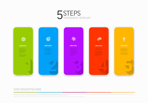 Five steps solid color blocks with big numbers in the corner - simple multipurpose infographic template