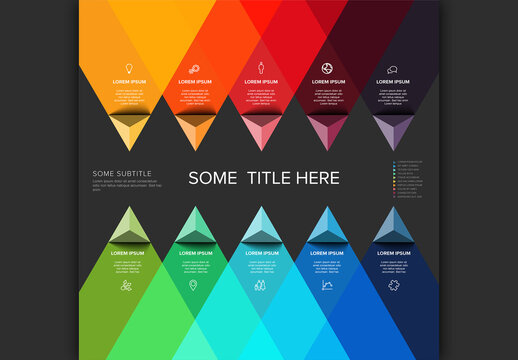 Multipurpose Dark Infographic template with rainbow ten triangle arrows in two rows
