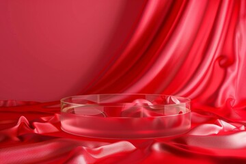 Round transparent glass platform Podium background 3D on red wave silk satin fabric background. Blank red cylinder form mock up background for beauty cosmetic product presentation
