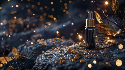 A bottle of black and gold serum with botanicals in the background,Generative AI illustration.