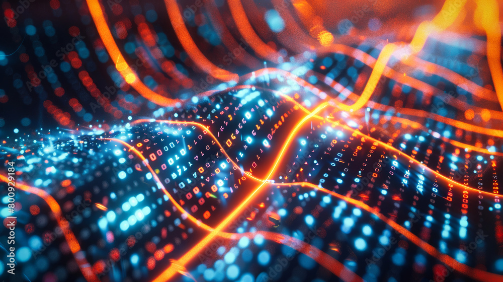 Poster glowing data binary code background with digital particles and orange lights
