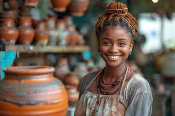 In a traditional pottery workshop, a happy woman sells her handmade products.