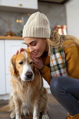 A young woman shares a warm hug with her golden retriever indoors.