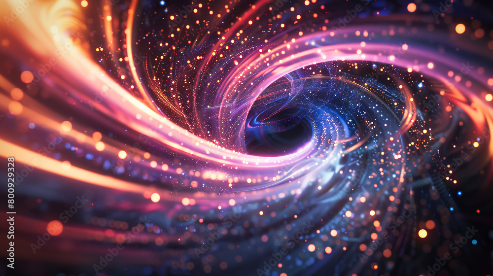 Wall mural abstract swirl of glowing neon light particles on a dark background