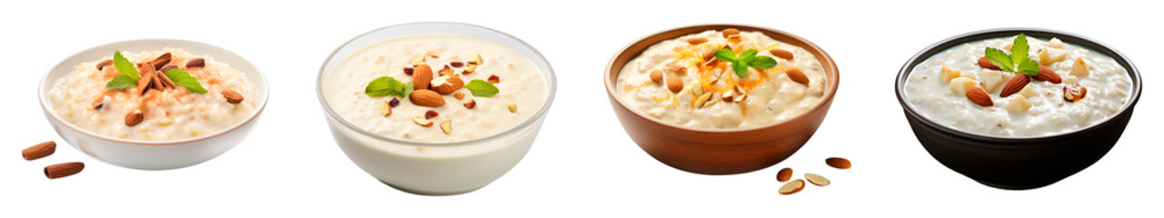 Collection of Kheer Indian Rice Pudding isolated on transparent png background. Generative ai