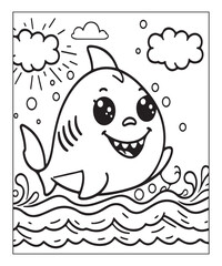 Cute Shark Coloring Page. black and white vector illustration for coloring book, Generative AI