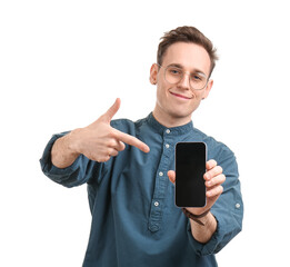 Cool young man with smartphone on white background