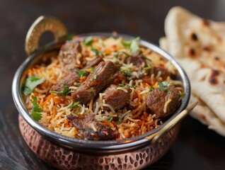 Lamb Biriyani Basmati Rice Close-Up Indian Food Dining Dinner Blurred Background Image