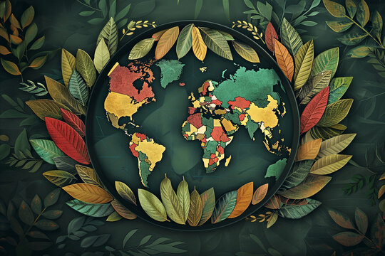 A world map framed with a diversity of leaves, symbolizing global botanical wealth and ecological interconnectedness
