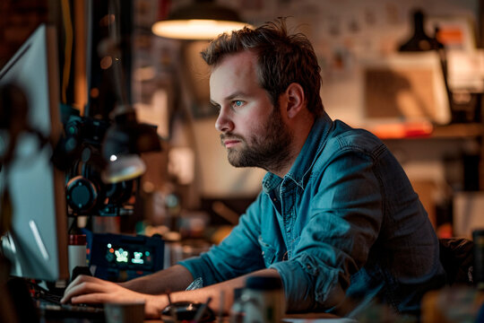 Programmer intensely coding on a computer in a cozy, task-lit workspace at home