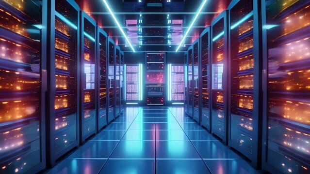 Futuristic Sci-Fi Data Center With Glowing Blue And Orange Lights And Lots Of Server Racks