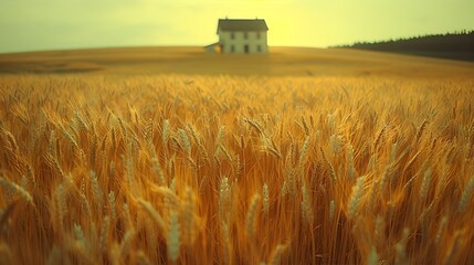 Cinematic Drone Footage of a Vast Wheat Field with a Distant Farmhouse Framed by Towering Stalks - obrazy, fototapety, plakaty
