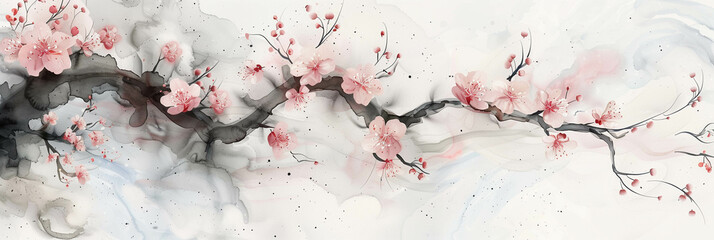 Abstract watercolor background featuring delicate waves adorned with cherry blossoms, capturing the essence of traditional Japanese ink wash painting. Ai generated