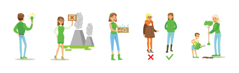 Eco Friendly Life with People Character Care of Ecology and Planet Vector Set