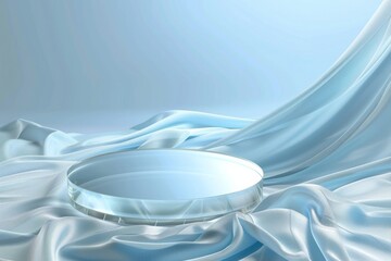 Round transparent glass platform Podium background 3D on blue wave silk satin fabric background. Blank blue cylinder form mock up background for beauty cosmetic product presentation 