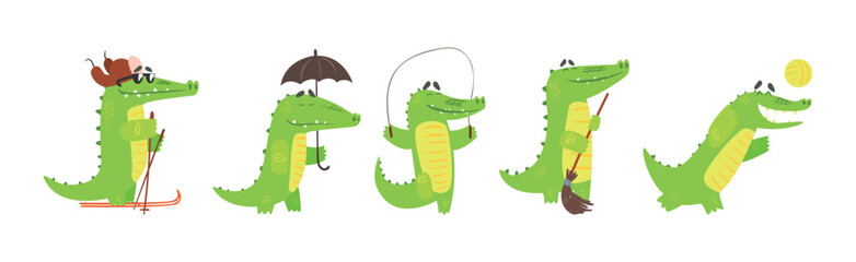 Cute Green Crocodile Animal Engaged in Different Activity Vector Set