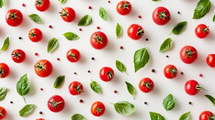 Mediterranean inspired still life  fresh organic tomatoes and basil leaves on white table