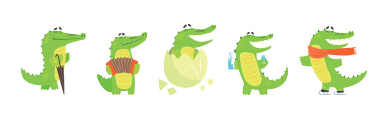 Cute Green Crocodile Animal Engaged in Different Activity Vector Set