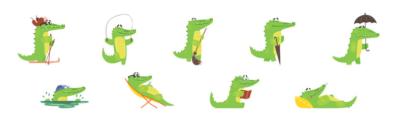 Cute Green Crocodile Animal Engaged in Different Activity Vector Set